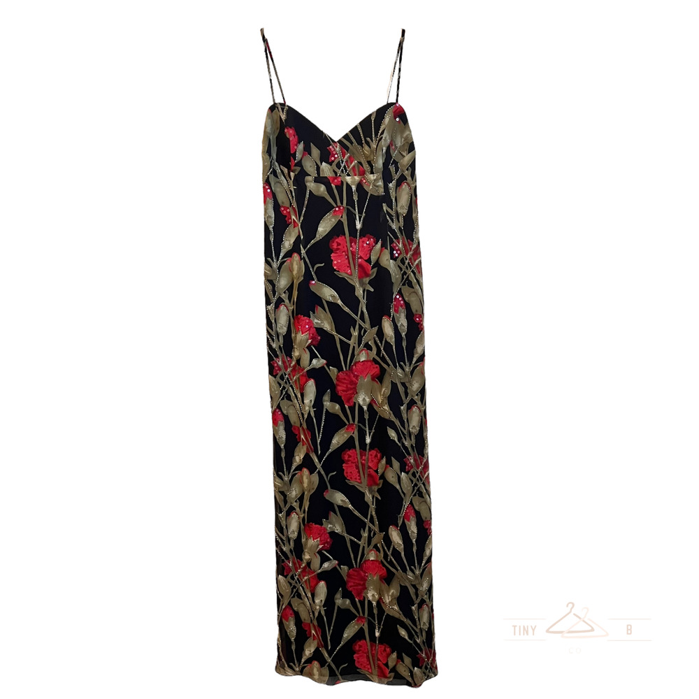 Vintage 90s Papell Boutique Silk Chiffon Evening Gown Dress Beads Sequins Floral